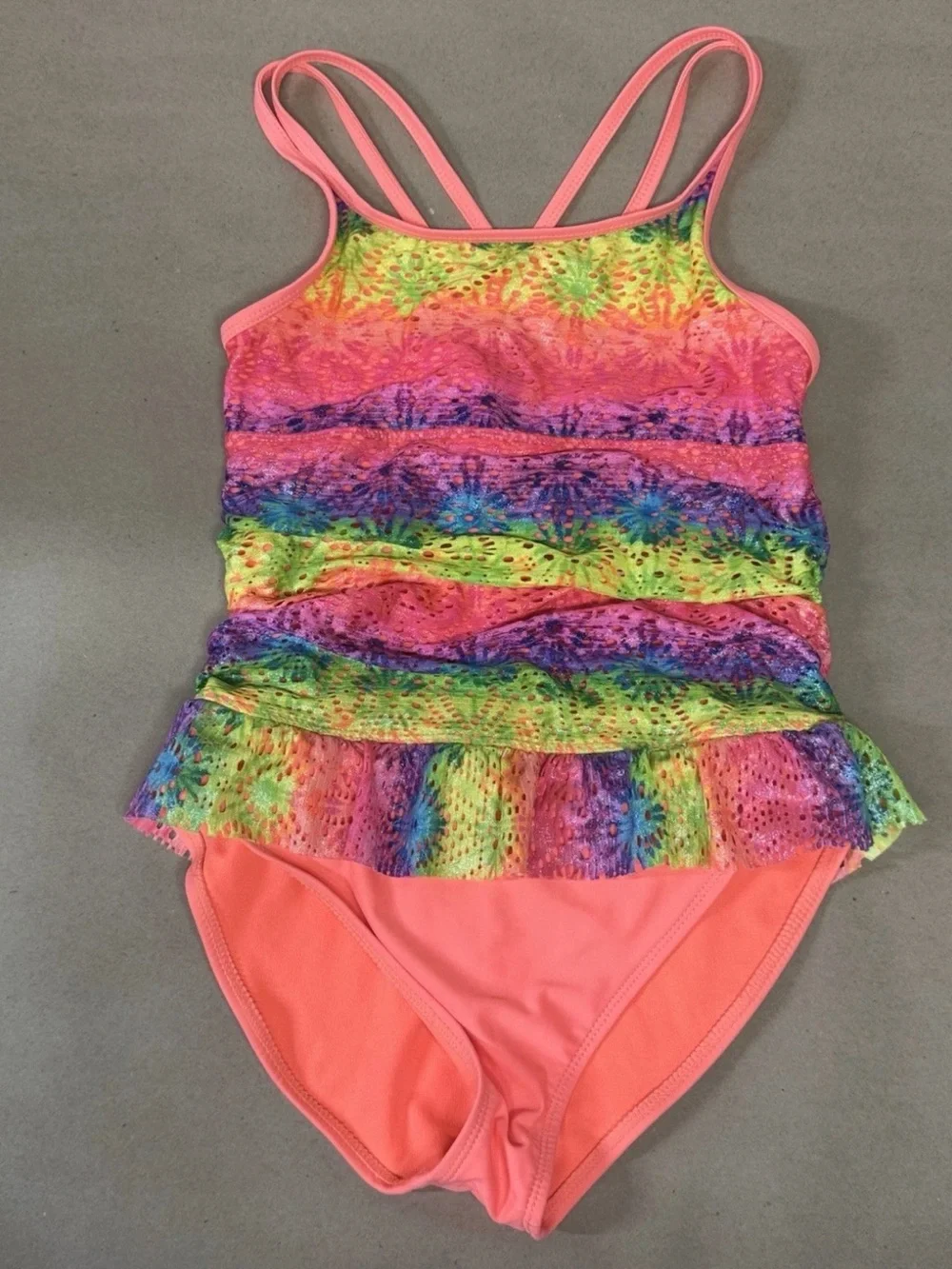 Wonder Nation Girls' Neon Tie-Dye Lace Ruffle Tankini One Piece XL 14/16